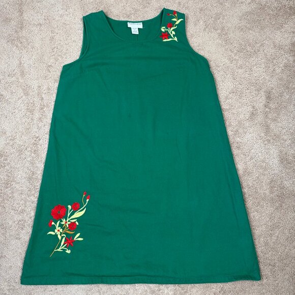 Country Store Dress Womens L Green Embroidered Floral Holiday Tropical Vintage - Picture 1 of 8
